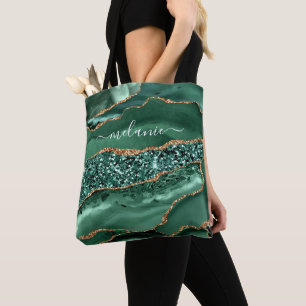 Emerald Green Gold Glitter Tote Bag Custom Name