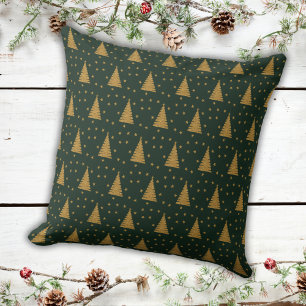 Emerald Green Gold Glitter Xmas Trees and Stars Throw Pillow