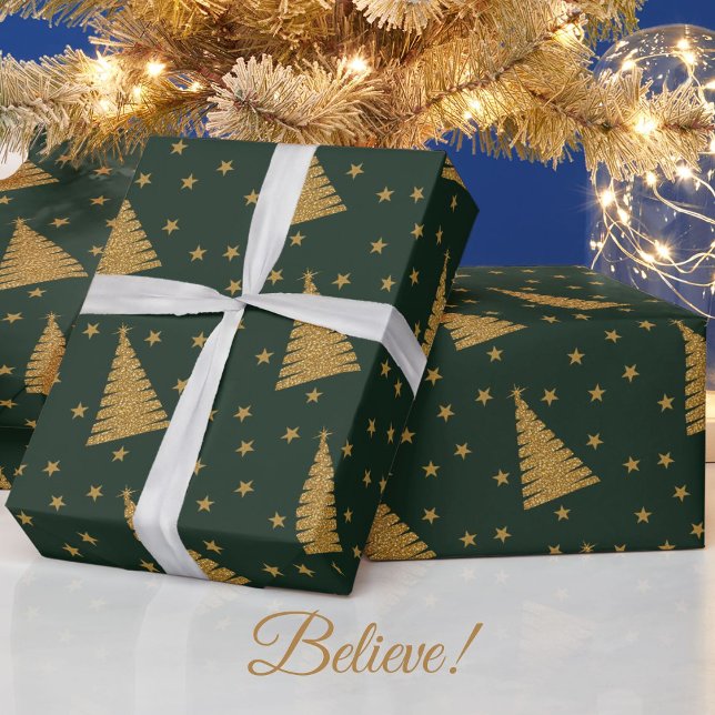 Emerald Green Gold Glitter Xmas Trees and Stars Wrapping Paper (Creator Uploaded)