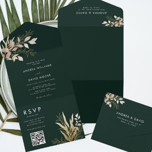 Emerald Green & Gold Greenery QR Code RSVP Wedding All In One Invitation