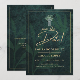 Emerald Green Gold Gypsophila Wedding SAVE DATE Invitation