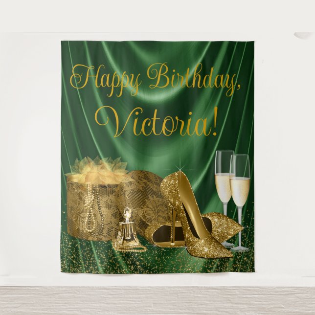 Emerald Green Gold High Heel Birthday Backdrop Tapestry (Front)