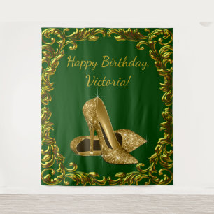 Emerald Green Gold High Heel Birthday XL Backdrop Tapestry