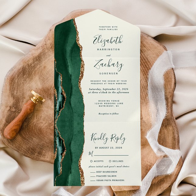 Emerald Green Gold Ivory Meal Options Wedding All In One Invitation (Creator Uploaded)