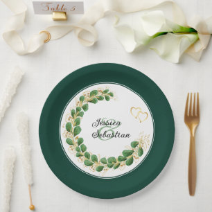 Emerald Green & Gold Jewel Tone Eucalyptus Wedding Paper Plate