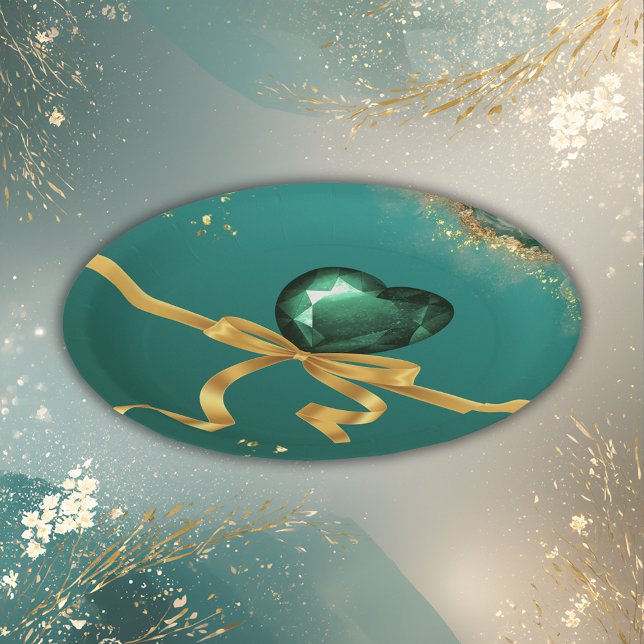Emerald green gold jewel tones wedding paper plate (Creator Uploaded)