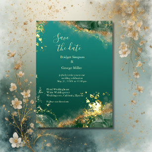 Emerald green gold jewel wedding safe the date invitation