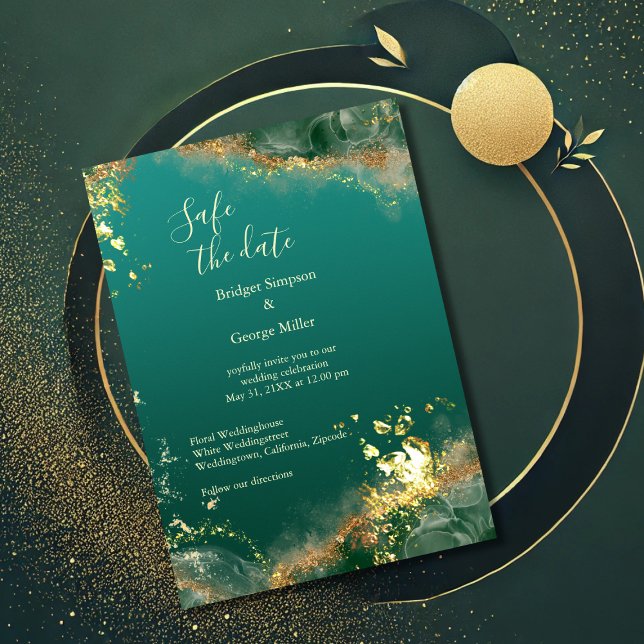 Emerald green gold jewel wedding safe the date  invitation (Creator Uploaded)