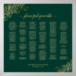 Emerald Green Gold Lace Alphabetical Seating Chart
