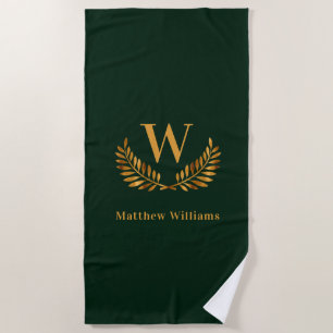 Emerald green gold laurel wreath name monogram beach towel