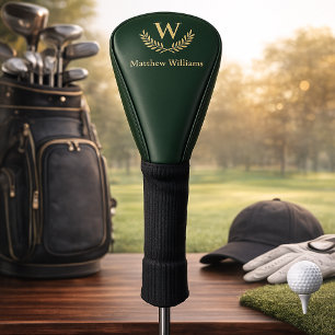 Emerald green gold laurel wreath name monogram golf head cover