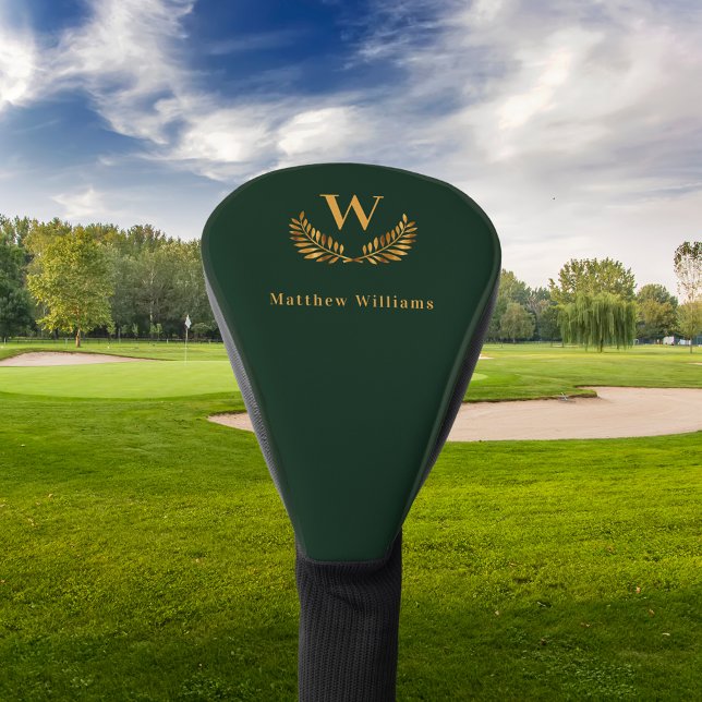 Emerald green gold laurel wreath name monogram golf head cover (Creator Uploaded)