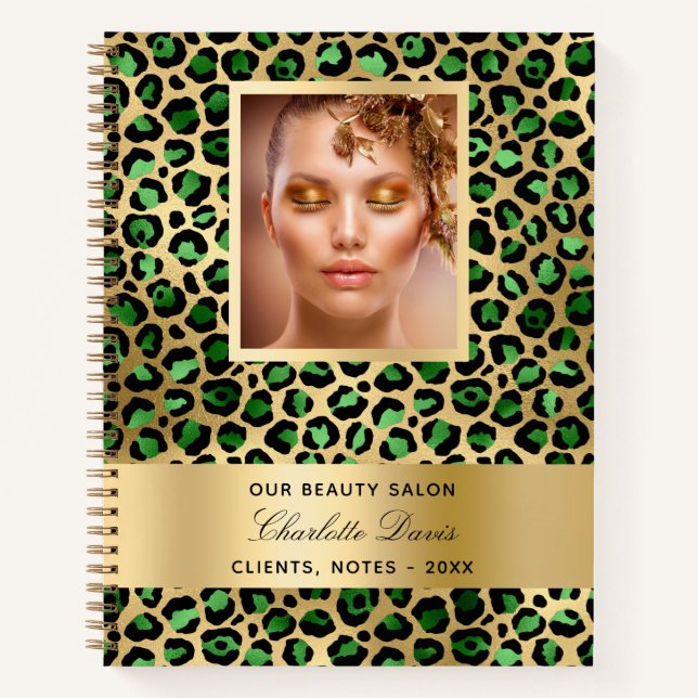 Emerald green gold leopard beauty salon business notebook (Front)
