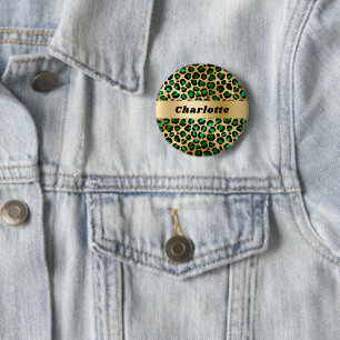 Emerald green gold leopard cheetah pattern name 2 inch round button