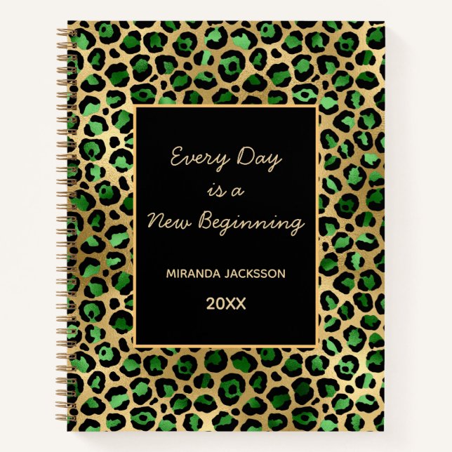 Emerald green gold leopard motivational name notebook (Front)