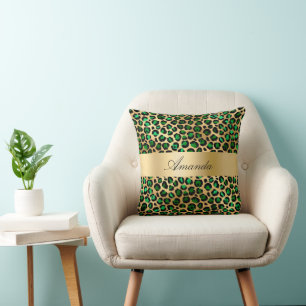 Emerald green gold leopard name elegant script throw pillow