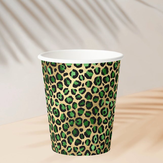 Emerald green gold leopard party paper cups (Creator Uploaded)