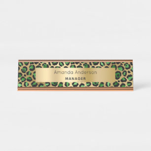 Emerald green gold leopard pattern desk name plate