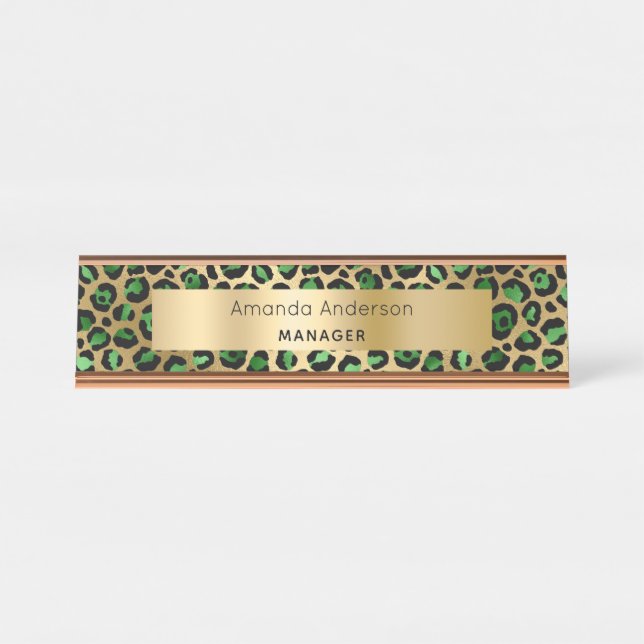 Emerald green gold leopard pattern desk name plate (Front)