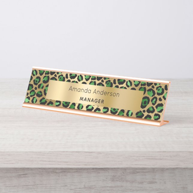 Emerald green gold leopard pattern desk name plate (Front)