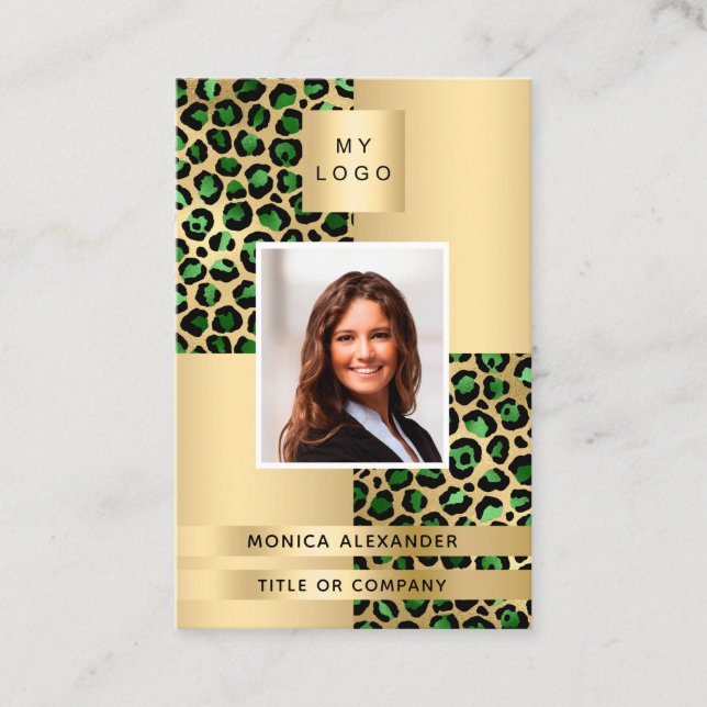 Emerald green gold leopard photo logo QR code Business Card (Front)