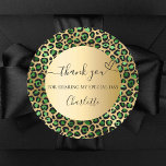 Emerald green gold leopard thank you classic round sticker<br><div class="desc">Express your gratitude in style with these elegant emerald green and gold classic round stickers, featuring a bold leopard and cheetah print background. Perfect for sealing envelopes, gift bags, or party favours, these stickers can be personalized with a name, adding a personal touch to your thank you notes. Ideal for...</div>