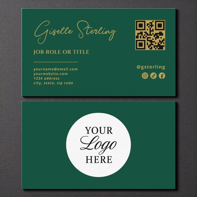 Emerald Green Gold Logo QR Code Company  Business Card (Creator Uploaded)