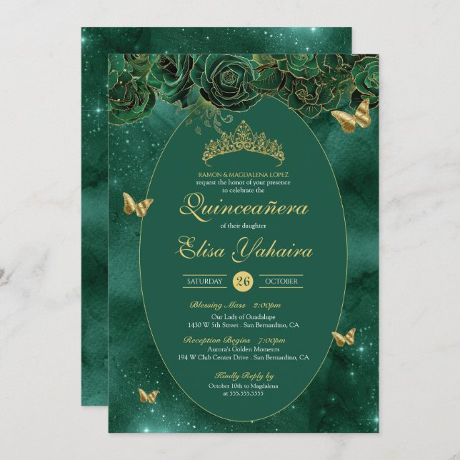 Emerald Green Gold Luxury Butterfly Quinceanera Invitation (Front/Back)