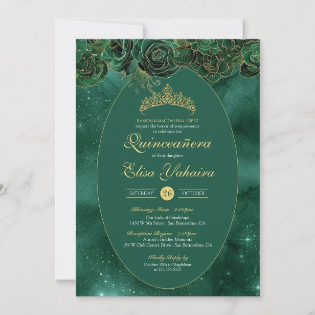 Emerald Green Gold Luxury Elegant Quinceanera Invitation (Front)