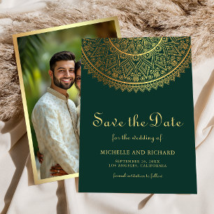 Emerald Green Gold Mandala Indian Wedding Photo Save The Date