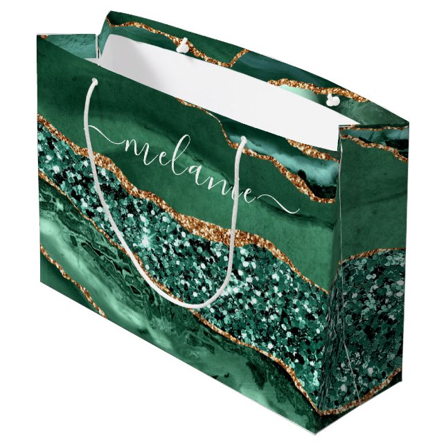Emerald Green Gold Marble Custom Name Gift Bag (Back Angled)
