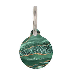 Emerald Green Gold Marble Custom Name Pet ID Tag