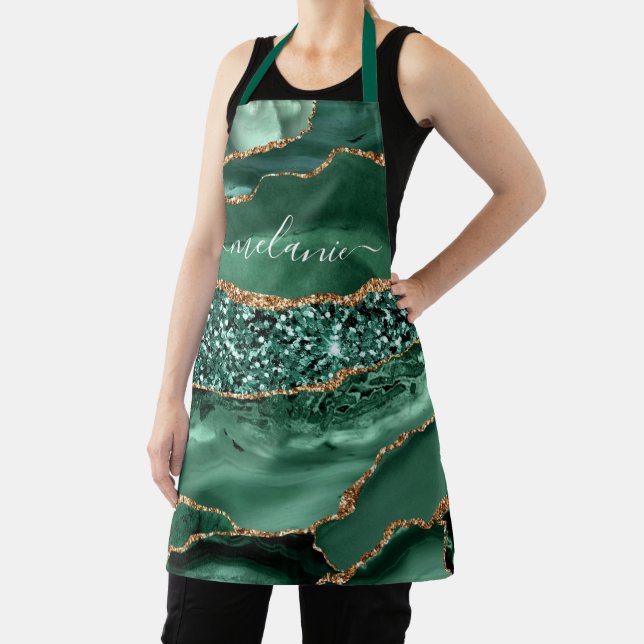 Emerald Green Gold Marble Custom Text Name Apron (Insitu)