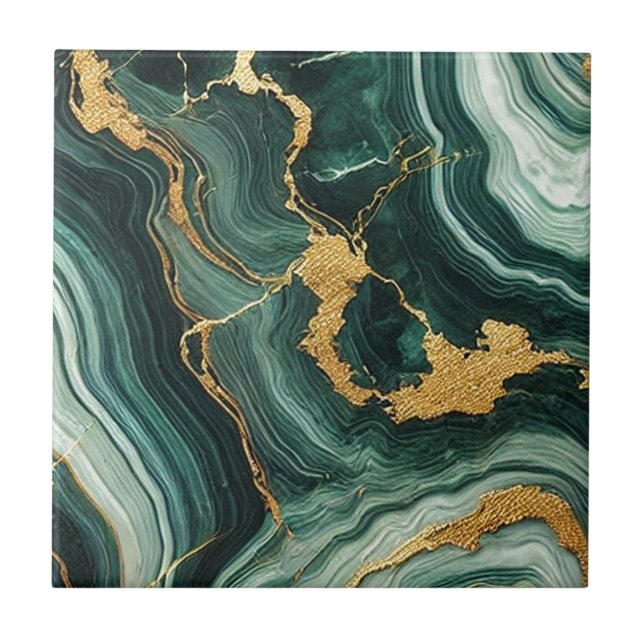 Emerald Green & Gold Marble Look Glam  Tile (Front)
