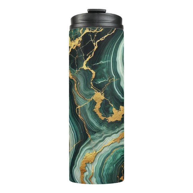 Emerald Green & Gold Marble Look Glam Wedding  Thermal Tumbler (Front)