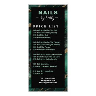 Emerald green Gold Marble Nail Salon Price List Rack Card