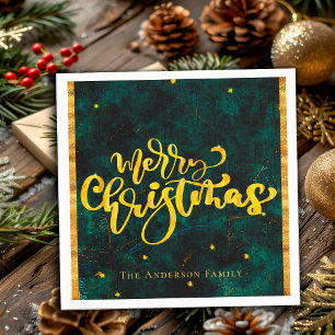 Emerald Green Gold Merry Christmas Elegant Script Napkin