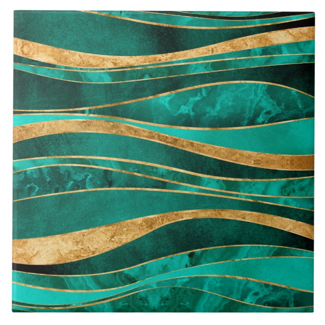 Emerald Green Gold Metallic Wavy Abstract Tile (Front)