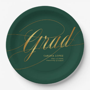 Emerald Green & Gold Minimalist Grad Calligraphy Paper Plate