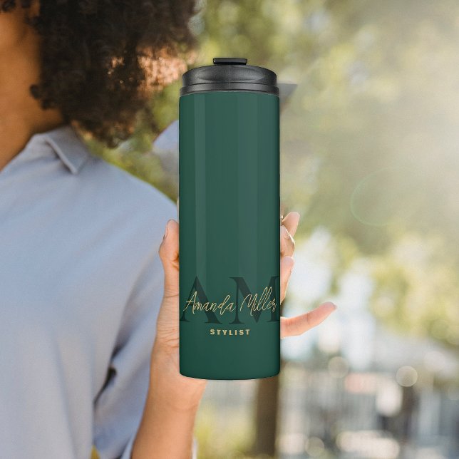 Emerald Green Gold Modern Custom Monogram Minimal Thermal Tumbler (Creator Uploaded)