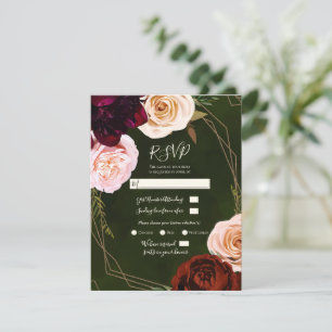 Emerald Green Gold Modern Dark Floral Wedding RSVP Invitation