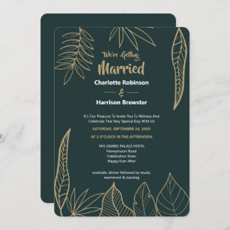 Emerald Green Gold Modern Drawn Leaves Wedding Invitation