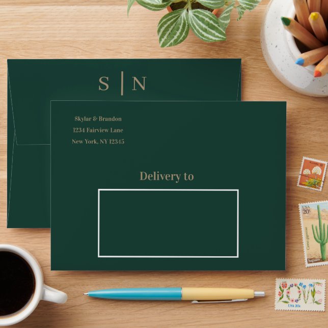 Emerald Green Gold Modern Minimal Wedding Envelope (Desk)