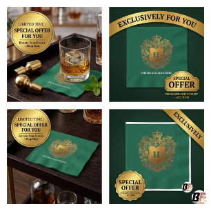 Emerald Green & Gold Monogram Crest Paper Napkin