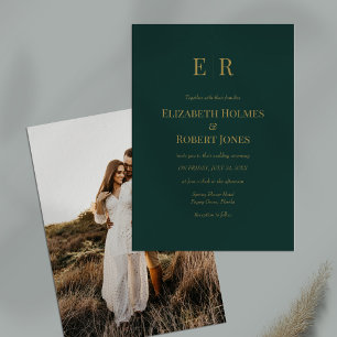 Emerald Green Gold Monogram Custom Photo Wedding Invitation