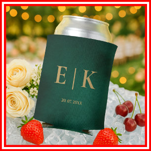 Emerald Green & Gold Monogram Wedding Can Cooler