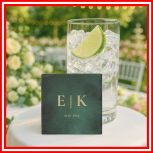 Emerald Green & Gold Monogram Wedding Stone Coaster
