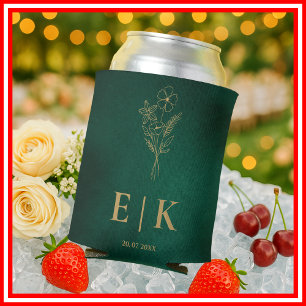 Emerald Green & Gold Monogram Wildflower Wedding Can Cooler