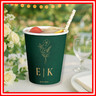 Emerald Green & Gold Monogram Wildflower Wedding Paper Cups