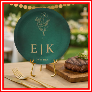 Emerald Green & Gold Monogram Wildflower Wedding Paper Plate